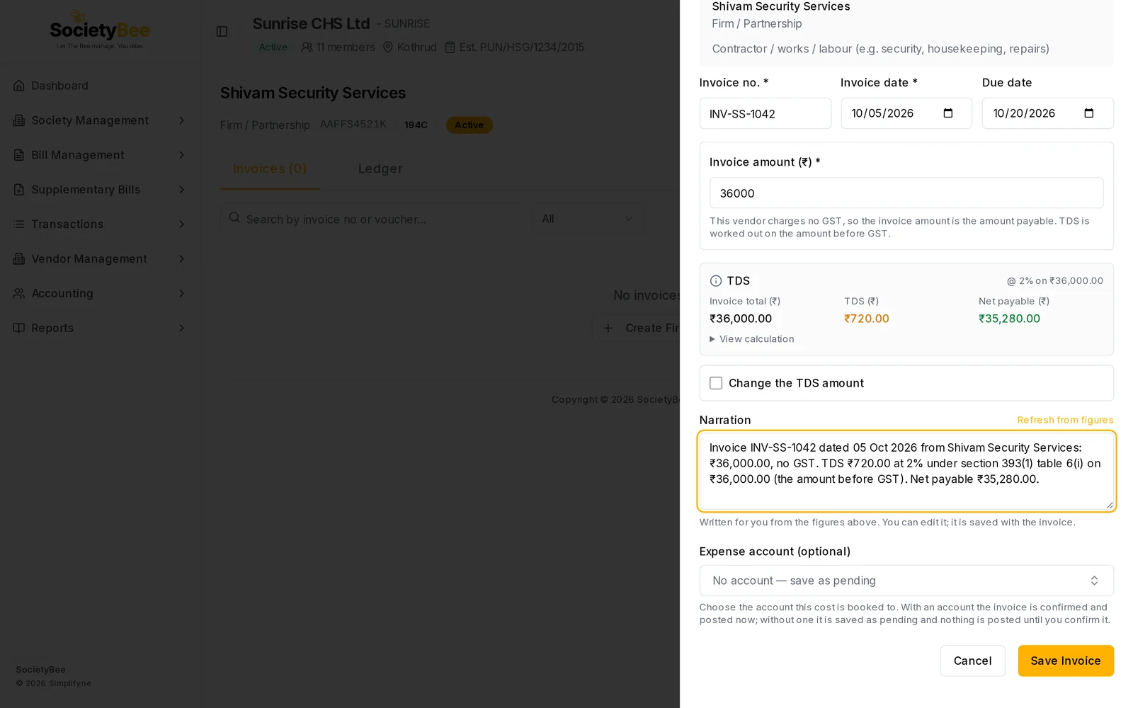 Bottom of the Create Invoice panel with Expense account set to No account save as pending, and Cancel and Save Invoice buttons
