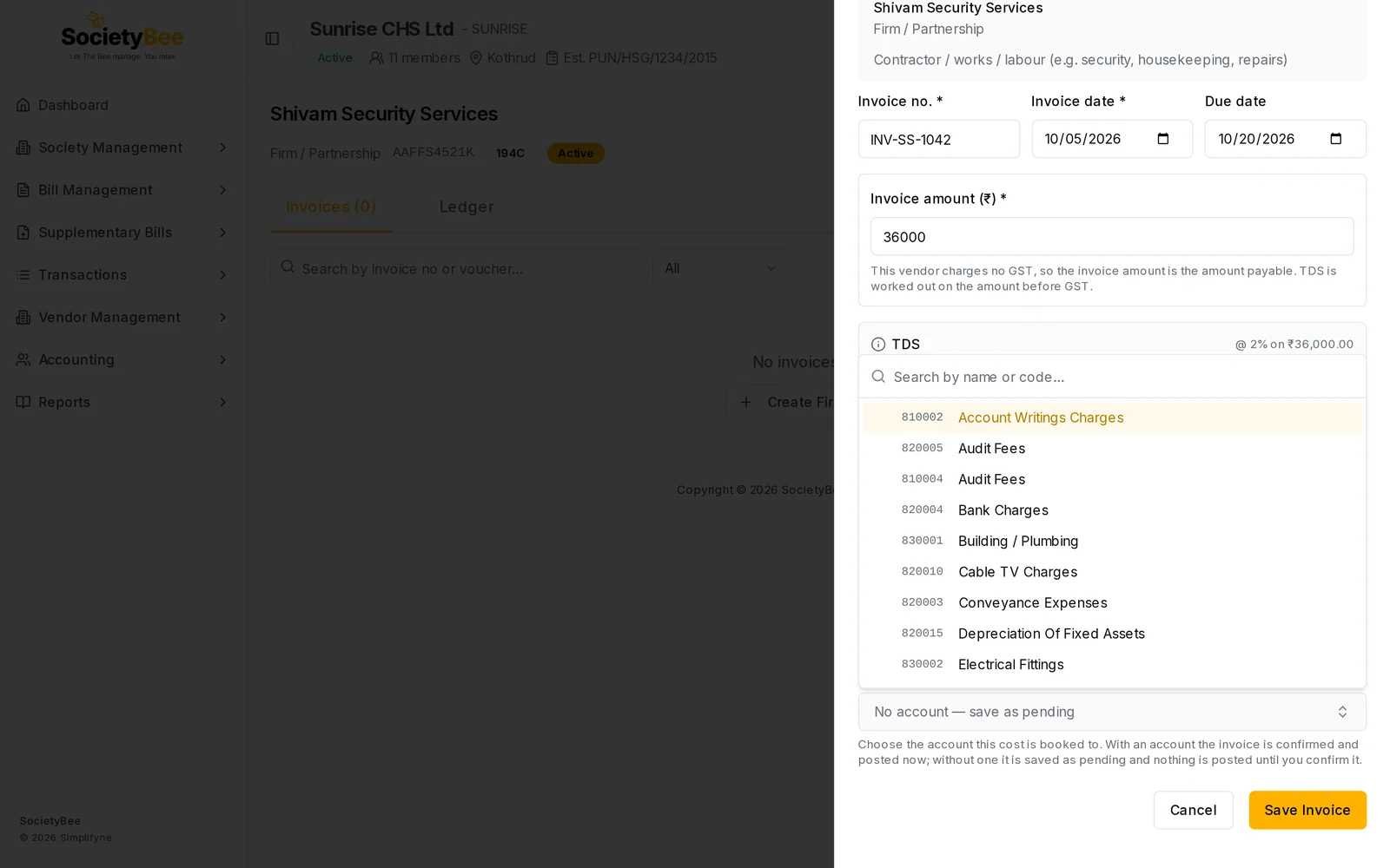 List of expense accounts opened from the Expense account box, such as Audit Fees, Bank Charges, Electricity Charges and Security Agency Charges