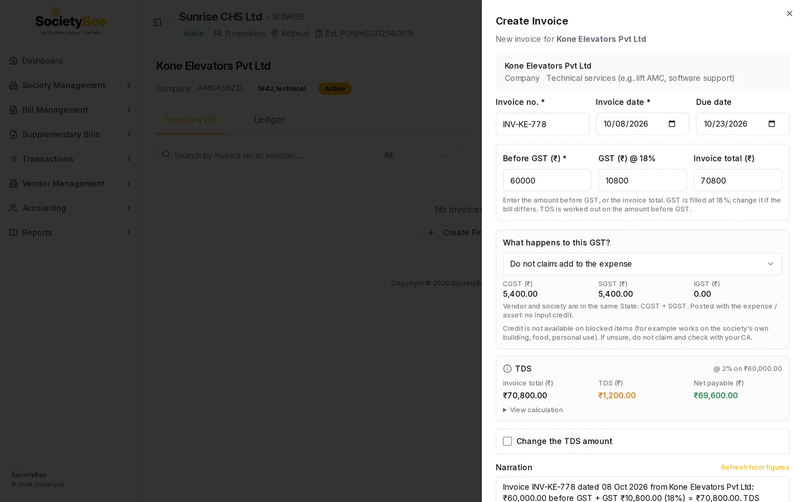 Create Invoice panel for Kone Elevators with Before GST 60,000, GST 10,800 at 18 percent and Invoice total 70,800, the What happens to this GST box, and TDS of 1,200 rupees