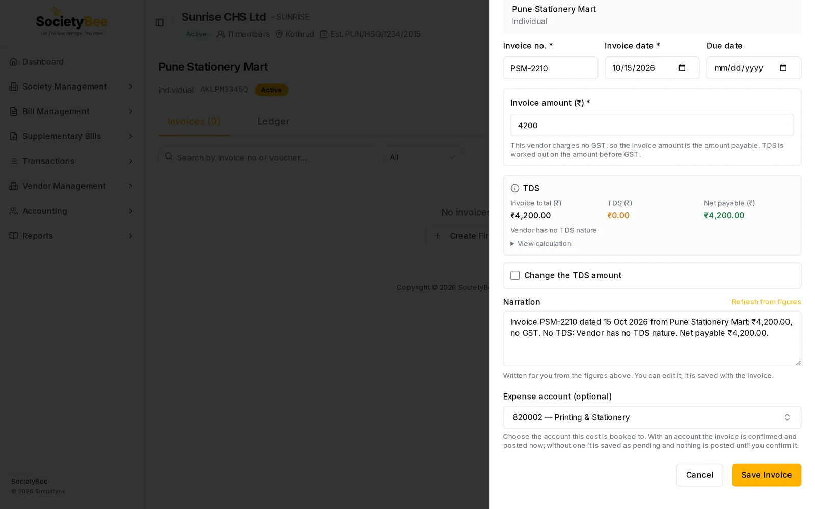 Create Invoice panel for Pune Stationery Mart showing TDS 0 rupees with the note Vendor has no TDS nature, and the expense account Printing and Stationery selected