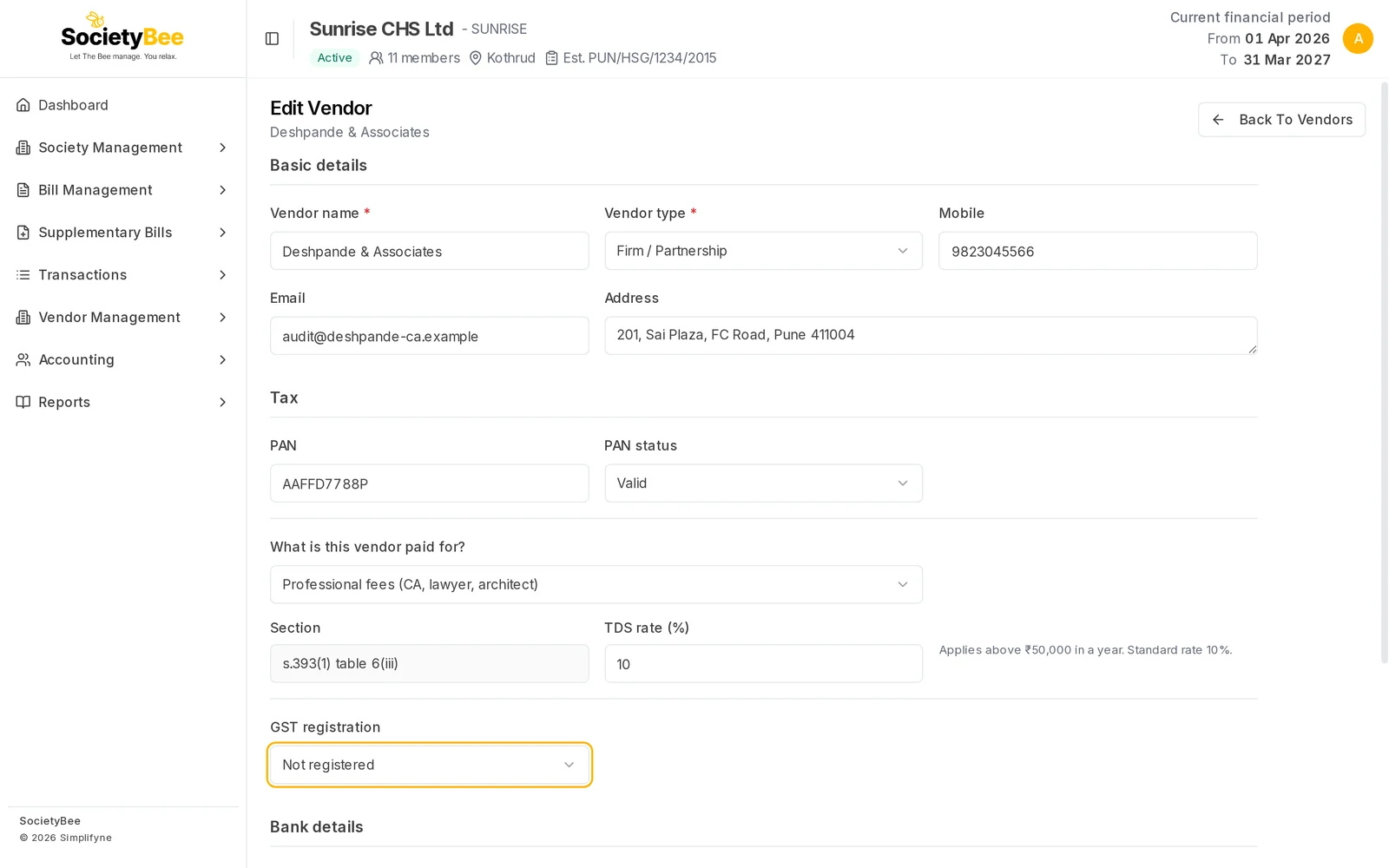 Edit Vendor page for Deshpande and Associates with the GST registration box changed to Not registered and a Save Changes button