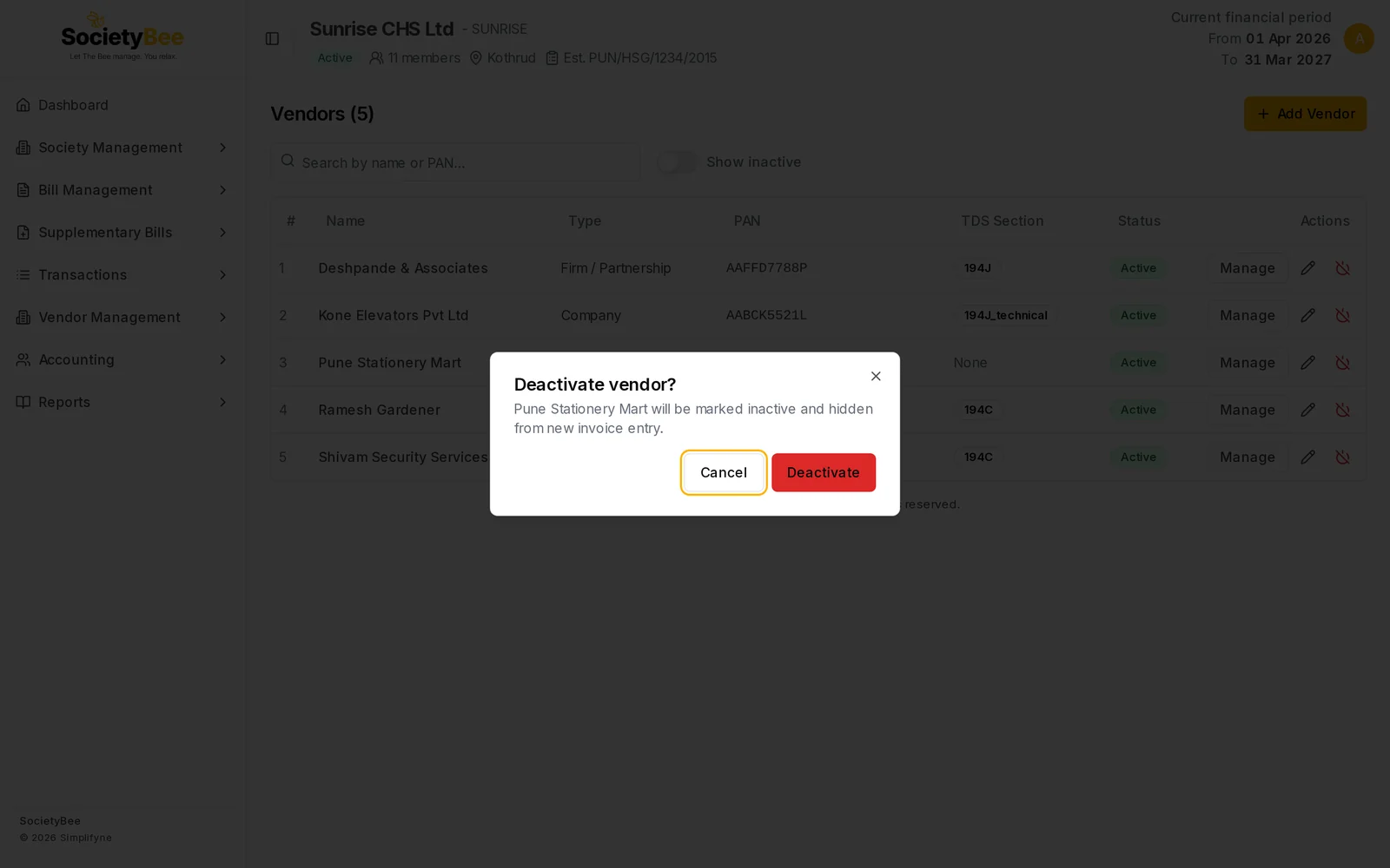 Deactivate vendor box asking to confirm that Pune Stationery Mart will be marked inactive and hidden from new invoice entry