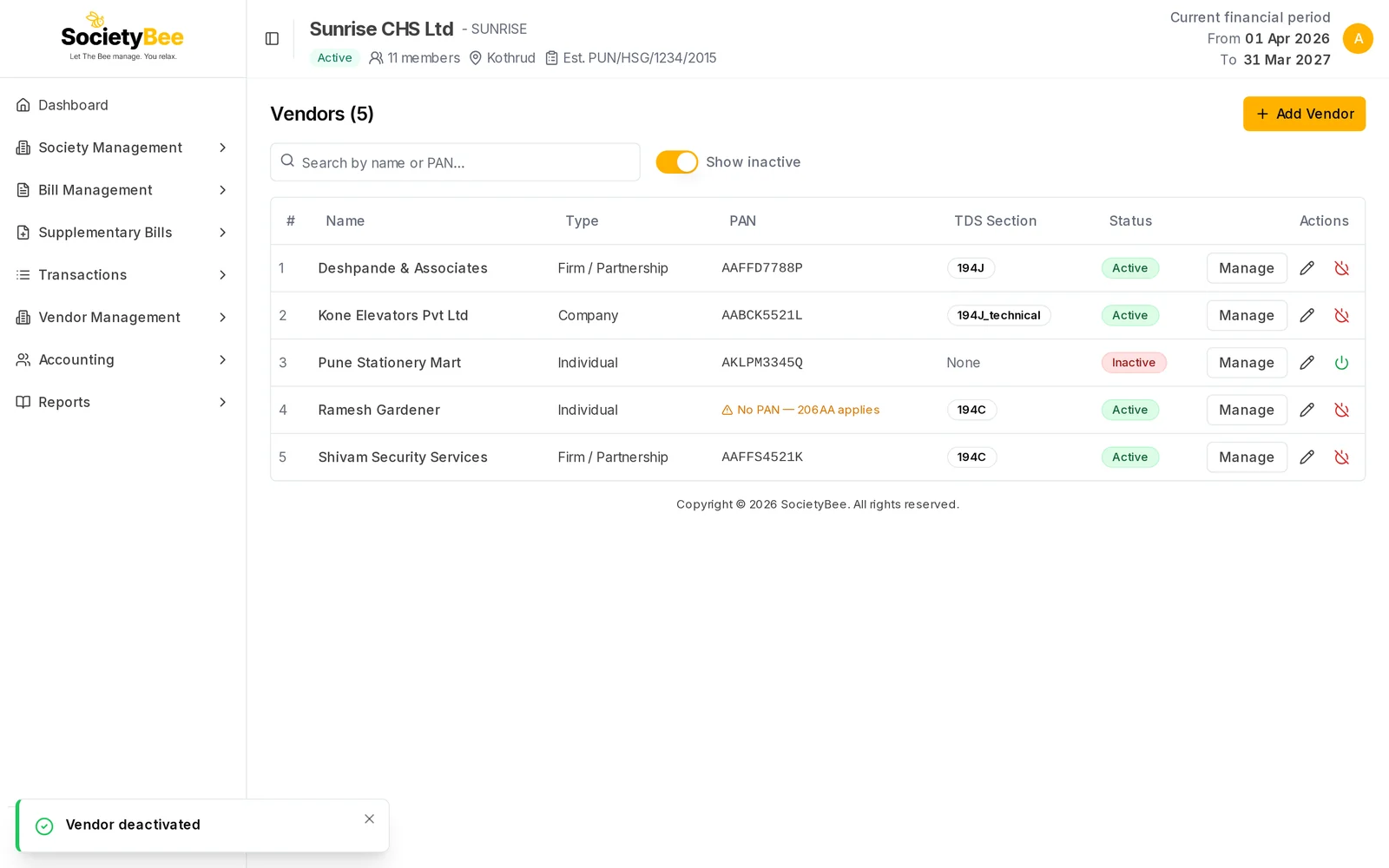 Vendors list with Show inactive switched on, showing Pune Stationery Mart as Inactive with a green reactivate icon