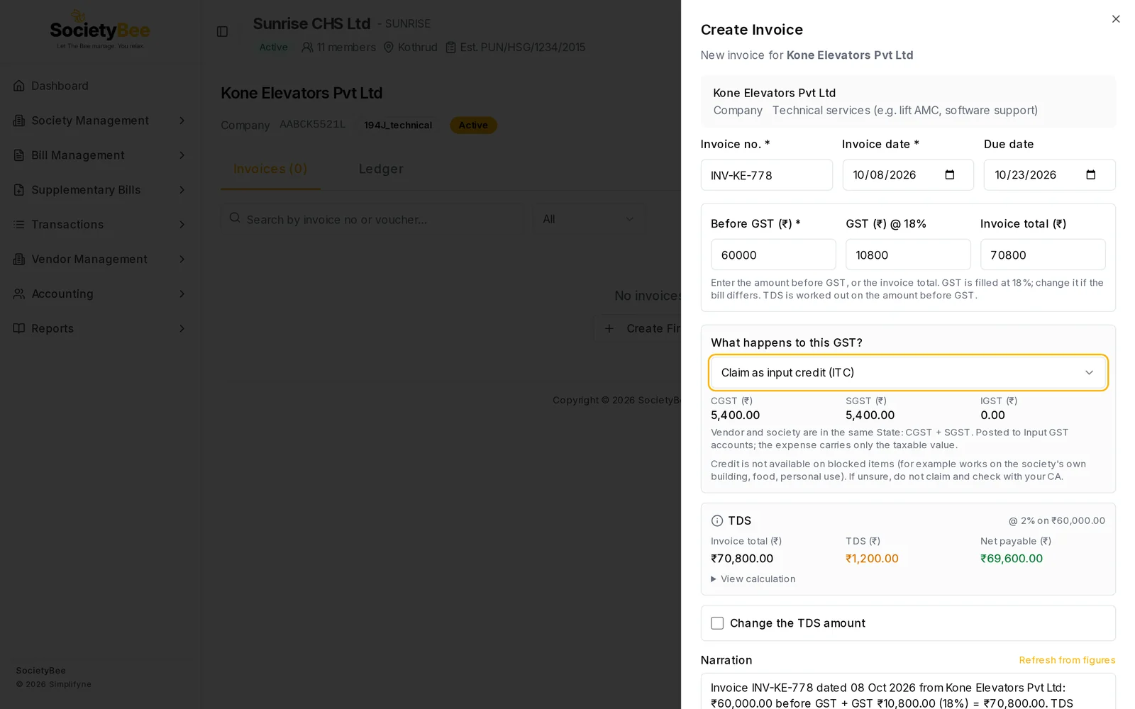 Create Invoice panel with What happens to this GST set to Claim as input credit, showing CGST 5,400, SGST 5,400, IGST 0 and a note that it is posted to Input GST accounts