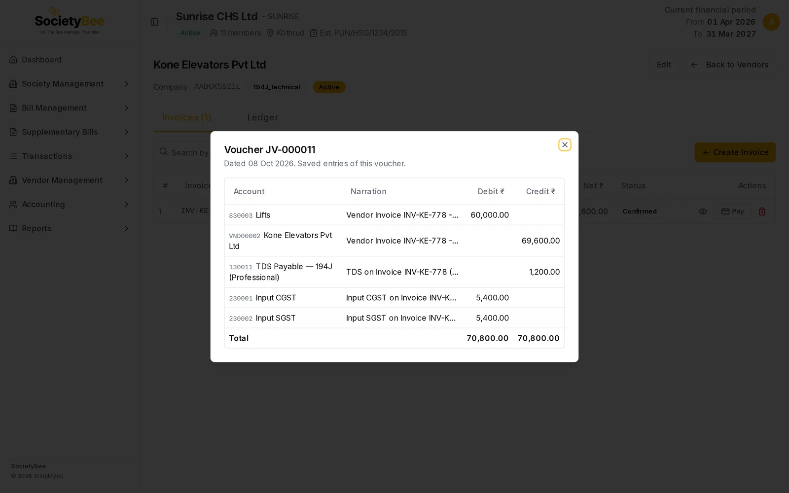 Voucher JV-000011 showing Lifts debit 60,000, vendor credit 69,600, TDS Payable credit 1,200, Input CGST debit 5,400 and Input SGST debit 5,400