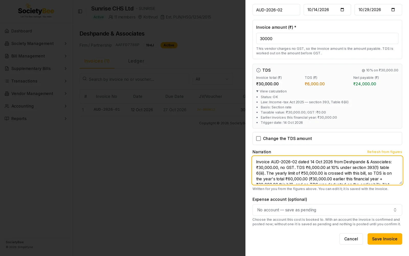 Create Invoice panel for the second Deshpande invoice showing TDS at 10 percent on 30,000, TDS 6,000, and View calculation with earlier invoices this financial year of 30,000