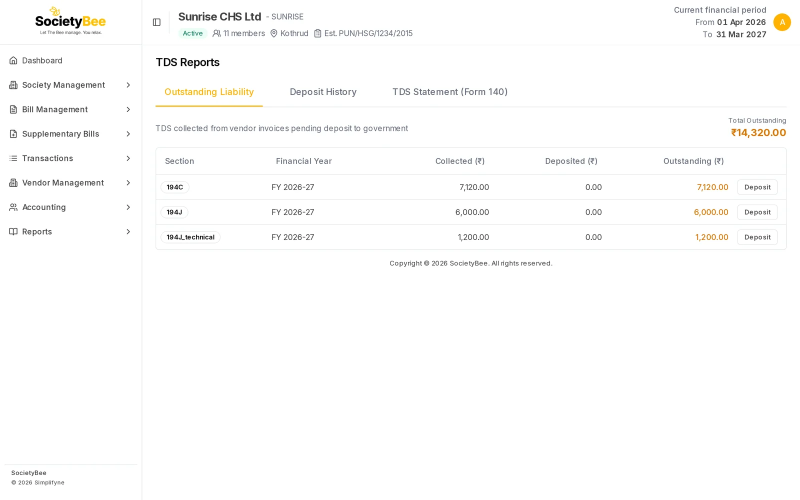 TDS Reports Outstanding Liability tab with three rows 194C, 194J and 194J_technical for FY 2026-27, collected 7,120, 6,000 and 1,200, and total outstanding 14,320 rupees