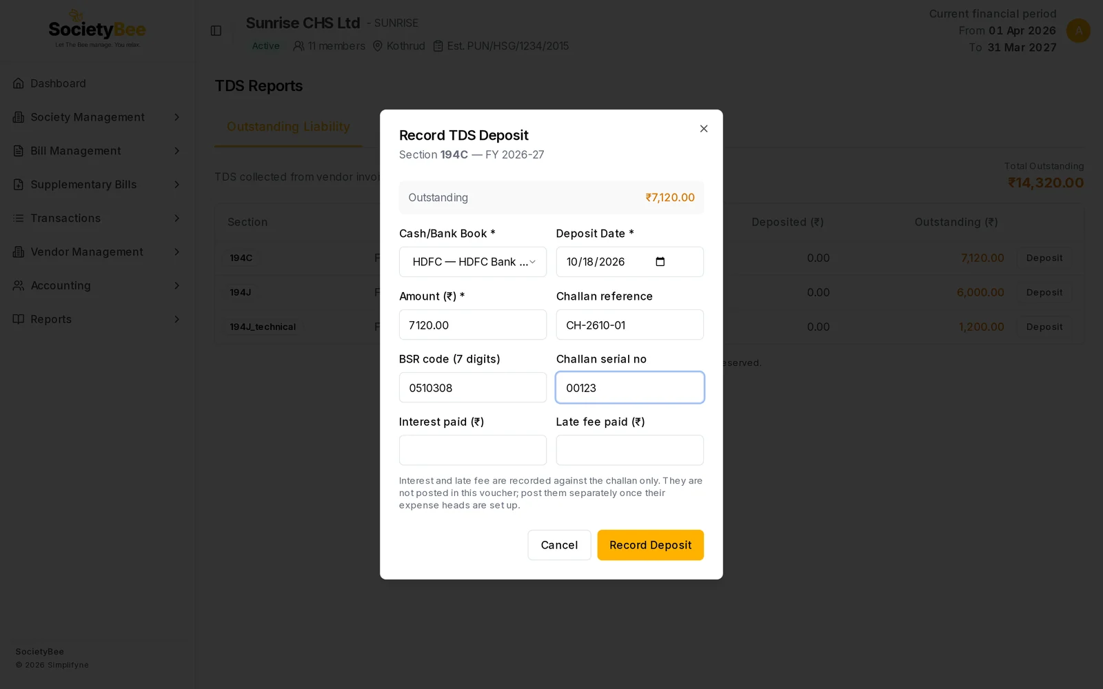 Record TDS Deposit box for section 194C FY 2026-27 with outstanding 7,120, book HDFC, challan reference CH-2610-01, BSR code 0510308 and challan serial 00123