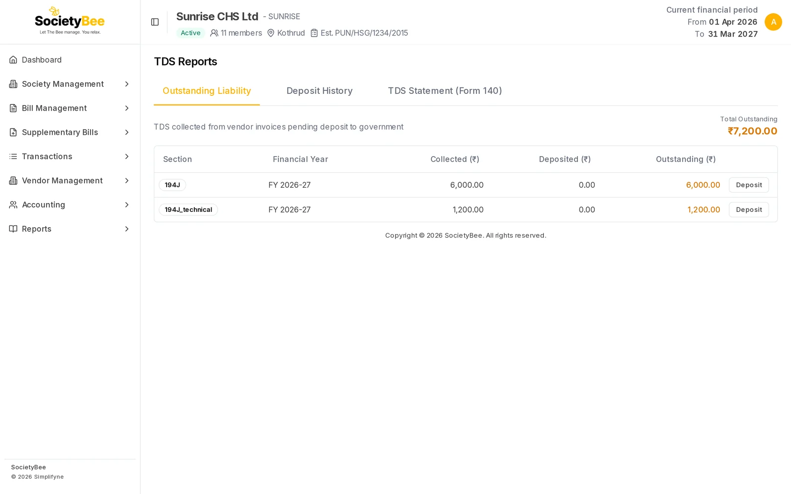 Outstanding Liability tab after the 194C deposit, with only the 194J and 194J_technical rows left and total outstanding 7,200 rupees