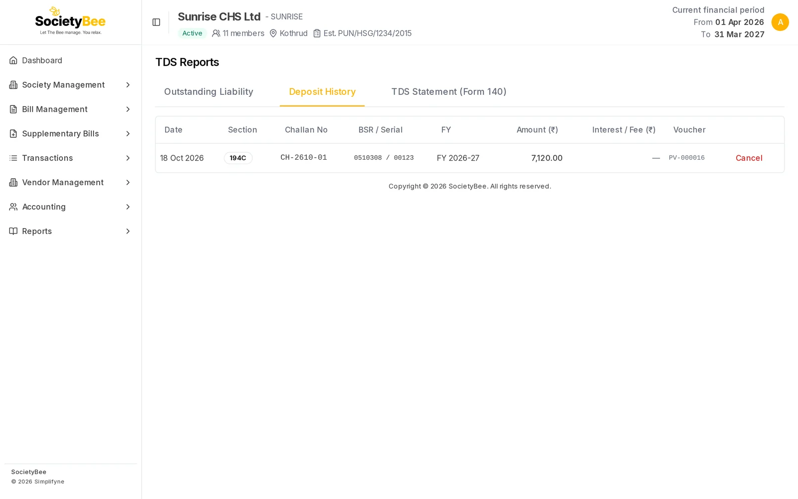 Deposit History tab with one deposit on 18 Oct 2026 for 194C of 7,120 rupees, challan CH-2610-01, BSR 0510308 serial 00123, voucher PV-000016 and a Cancel button