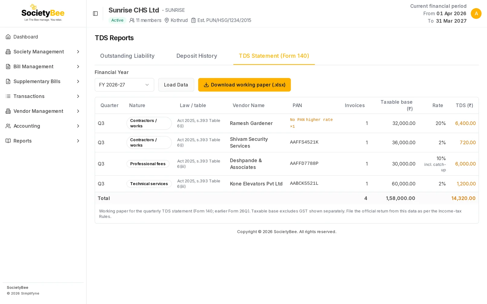 TDS Statement tab for FY 2026-27 listing four vendors in Q3 with nature, law, PAN, taxable base, rate and TDS, a total of 14,320 rupees, and a Download working paper button
