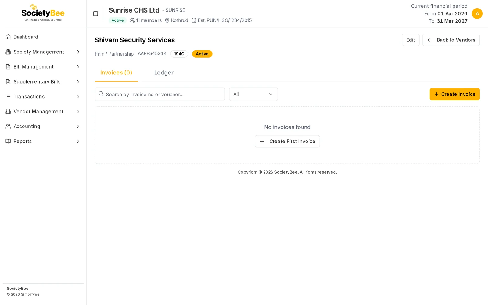 Vendor page for Shivam Security Services with Invoices and Ledger tabs, a search box, a status filter and a Create Invoice button, and no invoices yet