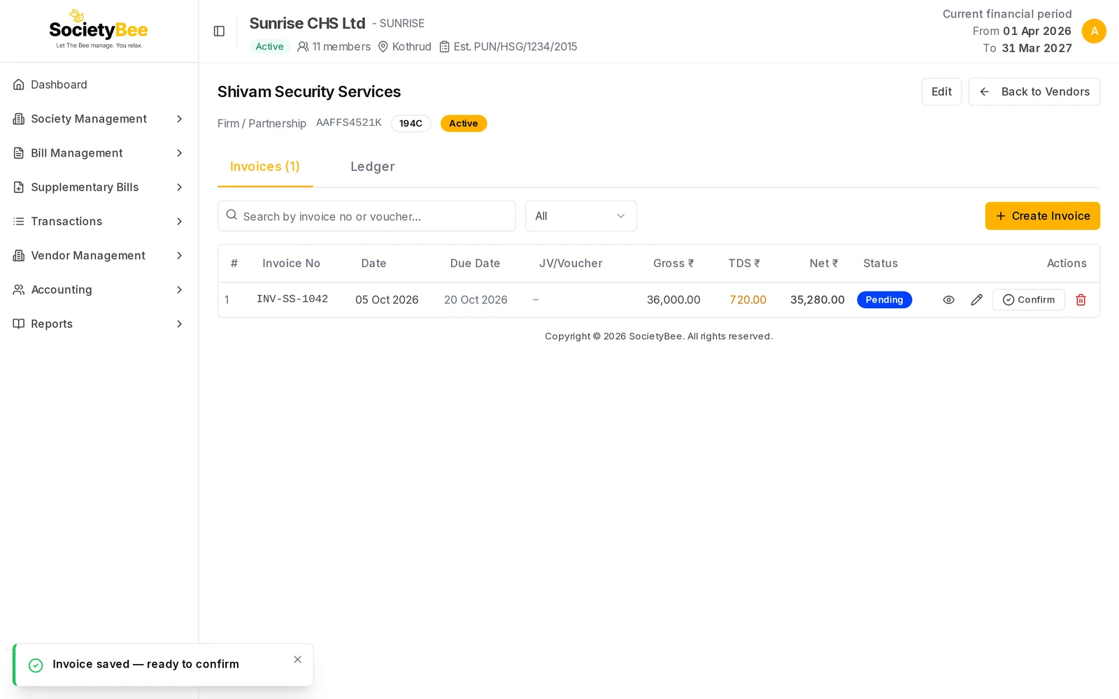 Invoices tab with one Pending invoice INV-SS-1042 for 36,000 rupees with TDS 720 and net 35,280, and eye, pencil, Confirm and bin buttons