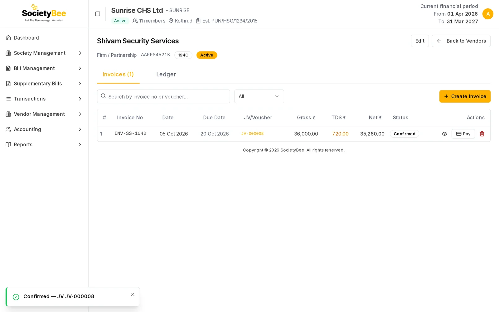 Invoices tab with the invoice now Confirmed, showing journal voucher JV-000008 and view and Pay buttons
