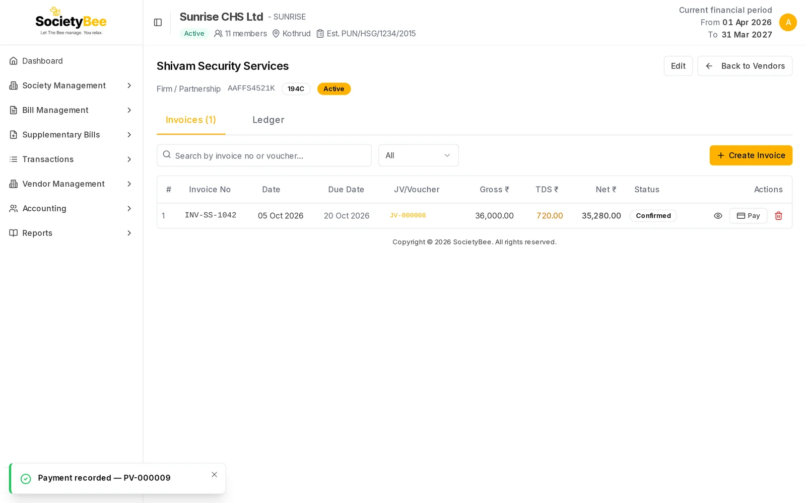 Invoice INV-SS-1042 still Confirmed with a Pay button after a part payment, and a message Payment recorded PV-000009