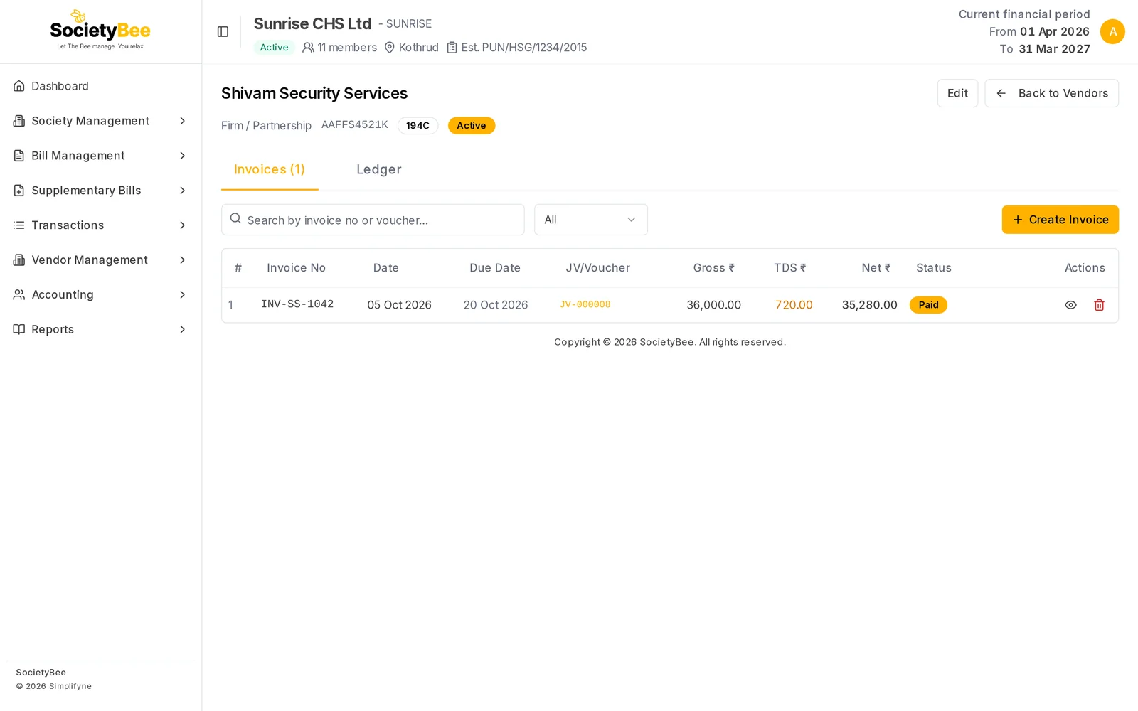 Invoices tab with the invoice marked Paid and only view and bin buttons