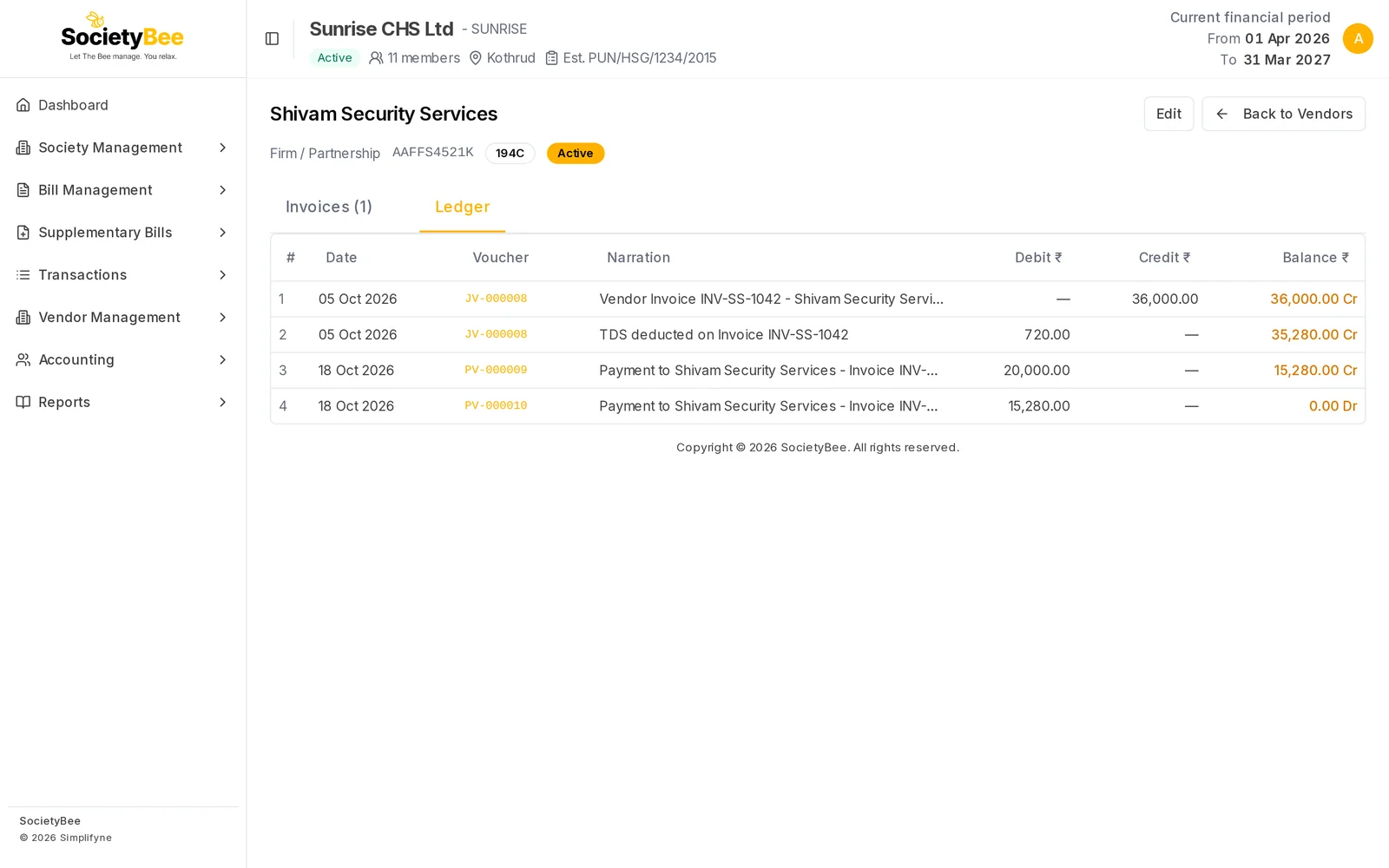 Vendor Ledger tab for Shivam Security Services with the invoice credit of 36,000, the TDS debit of 720 and two payments of 20,000 and 15,280, ending at a balance of 0.00 Dr