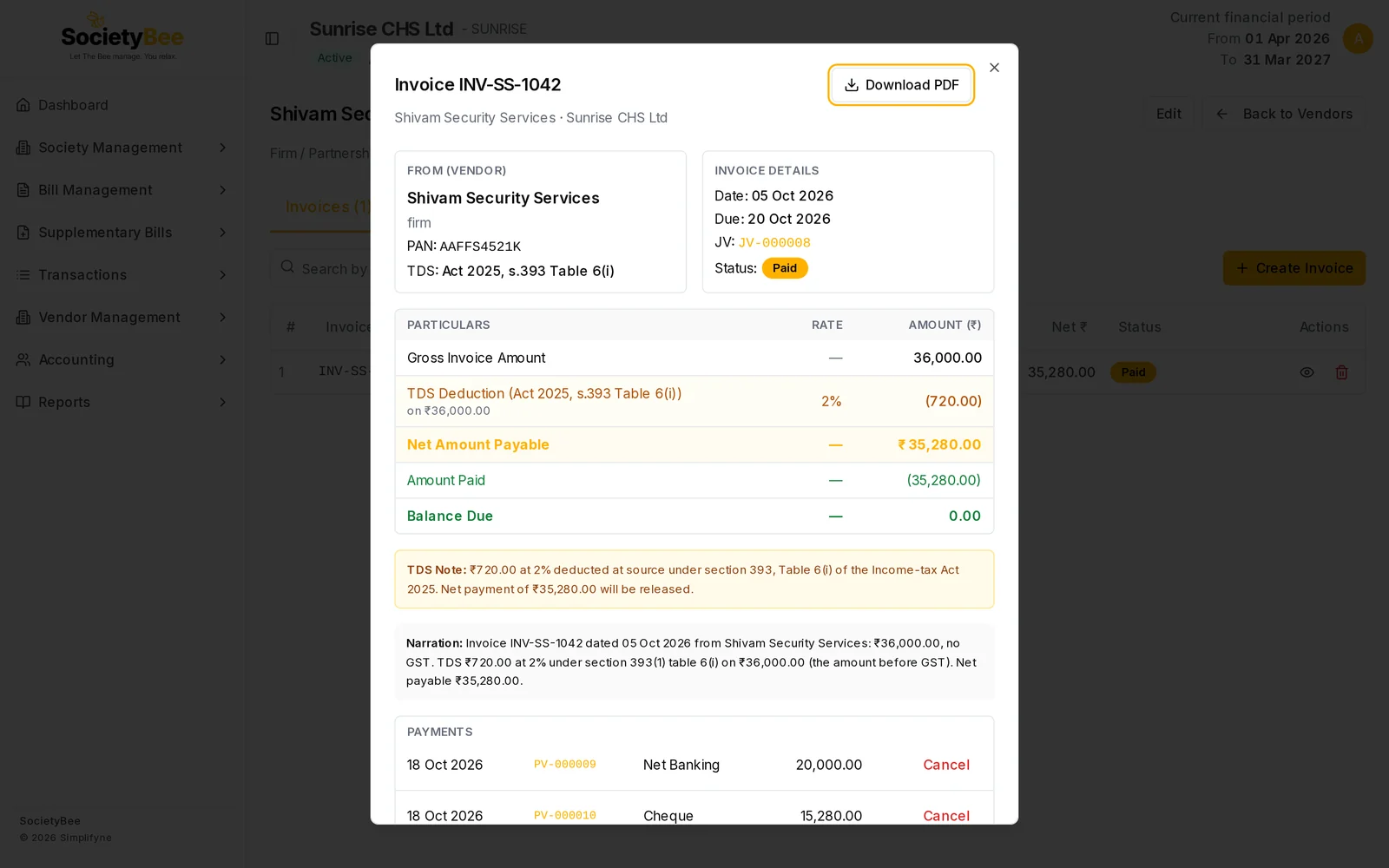 Invoice details box for INV-SS-1042 with vendor, invoice details, gross 36,000, TDS deduction 720 at 2 percent, net payable 35,280, amount paid and balance due 0, a TDS note and the narration