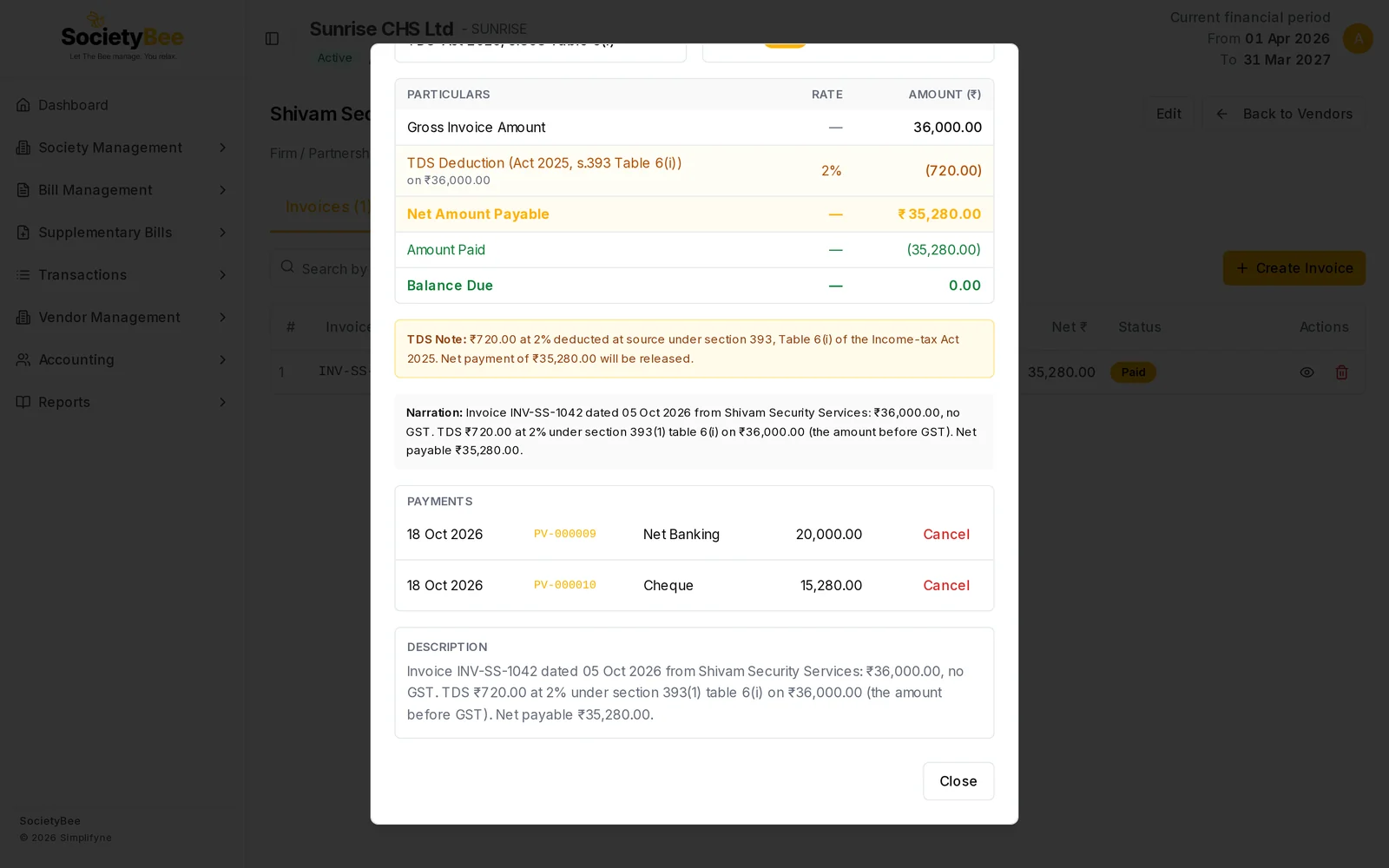 Lower part of the invoice details box with two payments, PV-000009 by net banking for 20,000 and PV-000010 by cheque for 15,280, each with a Cancel button