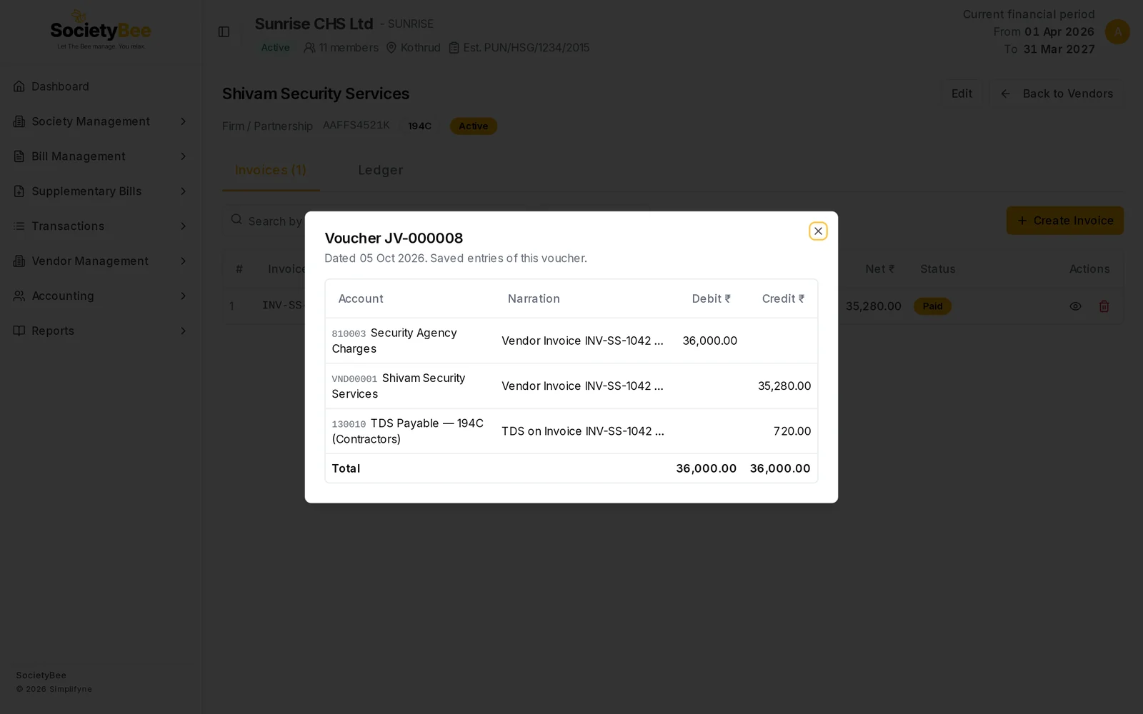 Voucher JV-000008 box with Security Agency Charges debit 36,000, the vendor credit 35,280 and TDS Payable credit 720
