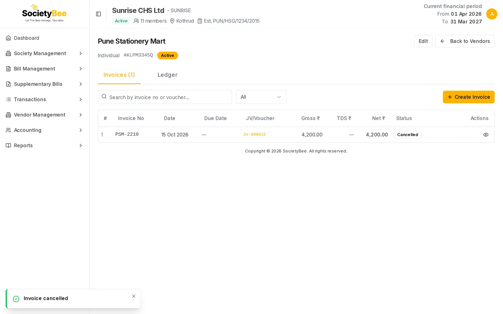 Invoices tab with the invoice PSM-2210 marked Cancelled, only a view button left, and a message Invoice cancelled
