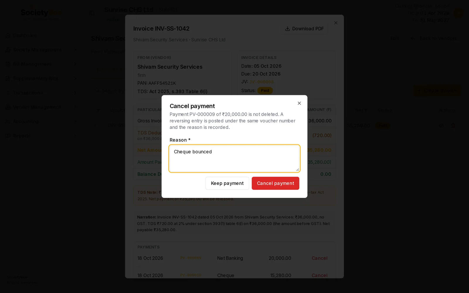 Cancel payment box for payment PV-000009 of 20,000 rupees, a Reason box and Keep payment and Cancel payment buttons