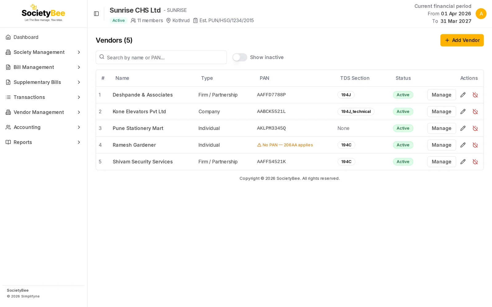 Vendors page listing five vendors with type, PAN, TDS section, status and Manage, edit and deactivate buttons, with a search box and a Show inactive switch